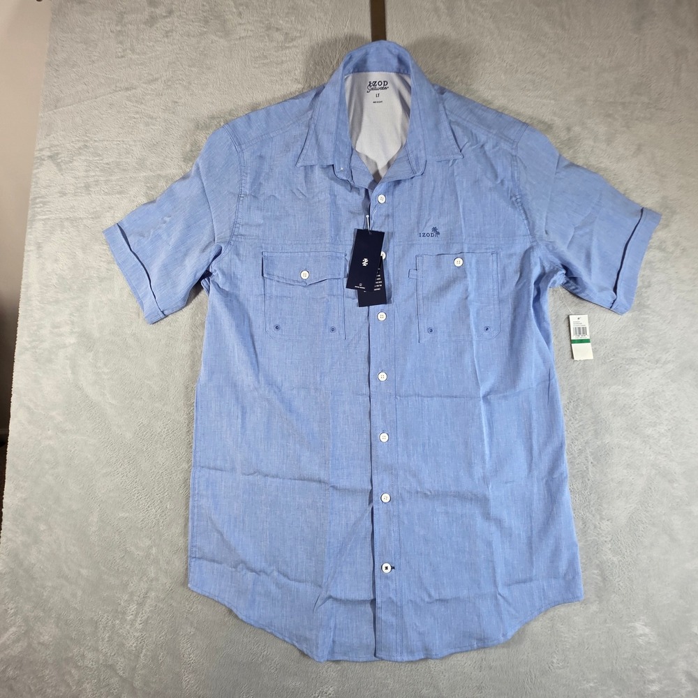 IZOD Saltwater Mens Size LT Cornflower‎ Blue Sunshield SS Button Up Shirt NWT